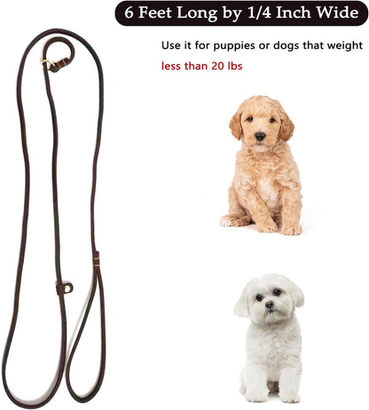 Leather Dog Leash 6 ft x 1/4 inch,Thin and Lightweight Leather Leashes for Small Dogs,Leather Cat Leashes for Small Cats,Soft Genuine Leather Dog Training Leashes for Petite Dogs Brown