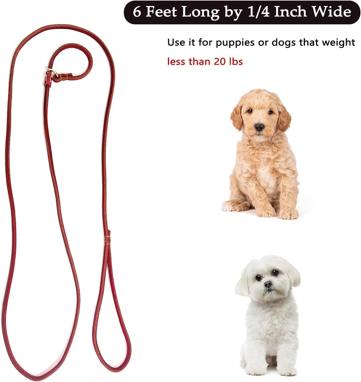 Leather Dog Leash 6 ft x 1/4 inch,Thin and Lightweight Leather Leashes for Small Dogs,Leather Cat Leashes for Small Cats,Soft Genuine Leather Dog Training Leashes for Petite Dogs Brown