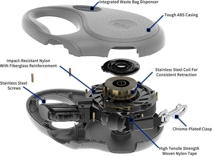 Oval 360° Tangle-Free Retractable Dog Leash with Integrated Waste Bag Dispenser (Small, Cream)