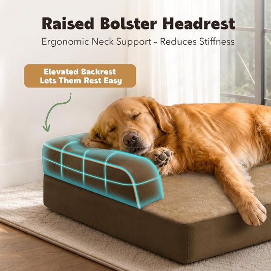 Orthopedic Washable Dog Bed with Bolster for Medium to Large Dogs | Pillow Support for Neck Relief, Egg Crate Foam, Waterproof Liner, Anti-Slip Bottom, Removable Bolster Cover, 36 x 27 Inch