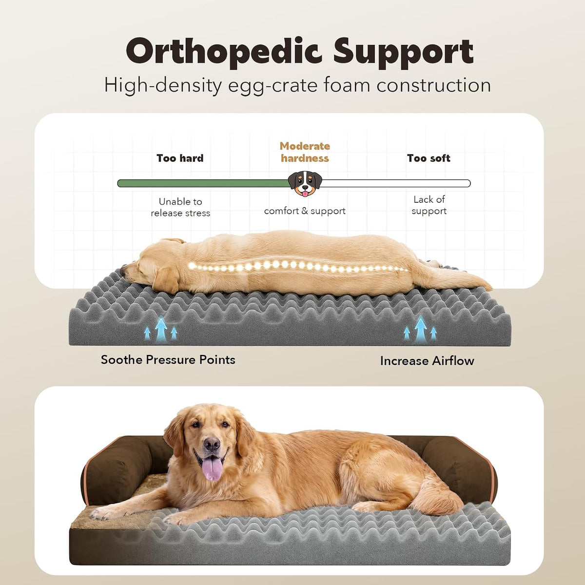 Orthopedic Washable Dog Bed with Bolster for Medium to Large Dogs | Pillow Support for Neck Relief, Egg Crate Foam, Waterproof Liner, Anti-Slip Bottom, Removable Bolster Cover, 36 x 27 Inch