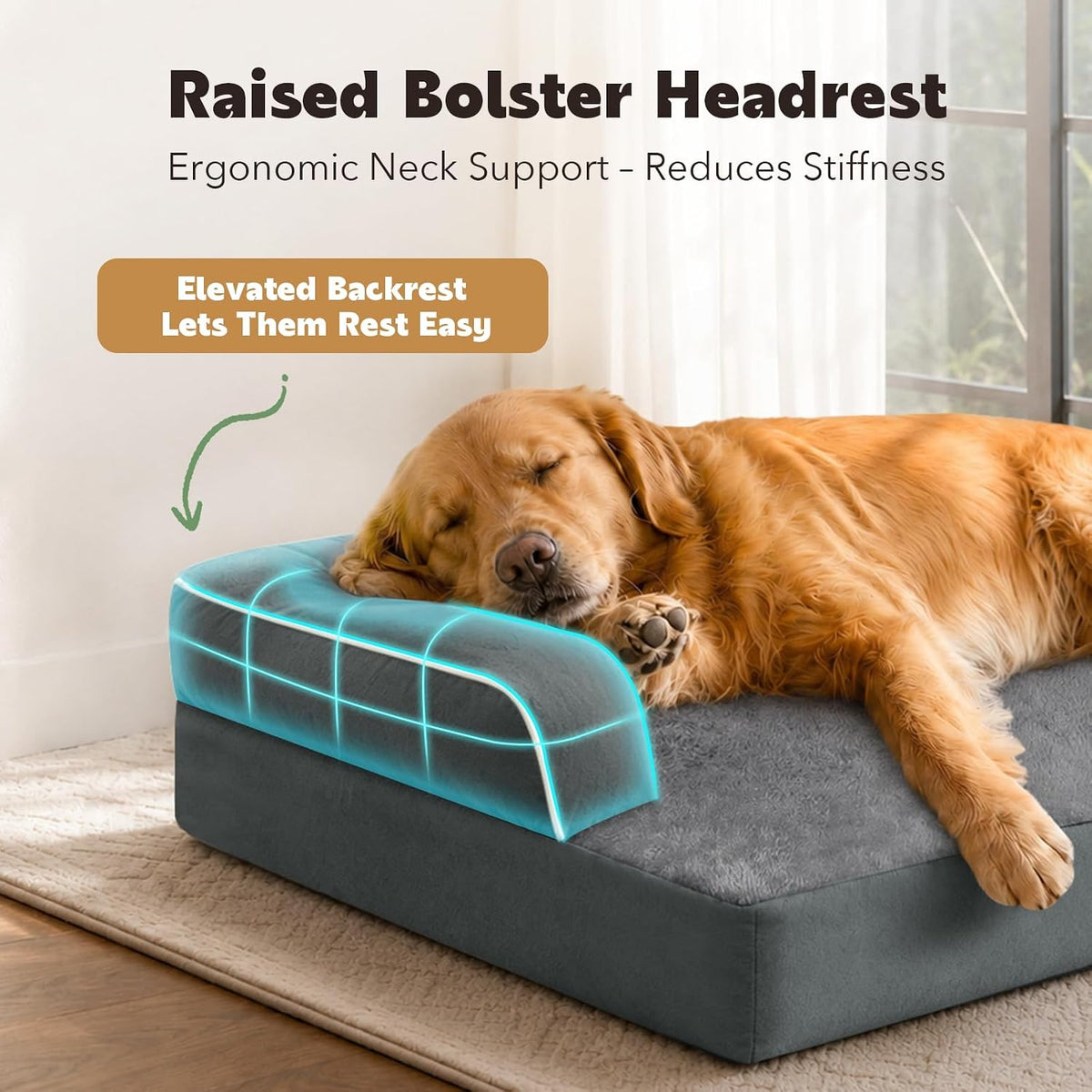 Orthopedic Washable Dog Bed with Bolster for Medium to Large Dogs | Pillow Support for Neck Relief, Egg Crate Foam, Waterproof Liner, Anti-Slip Bottom, Removable Bolster Cover, 36 x 27 Inch