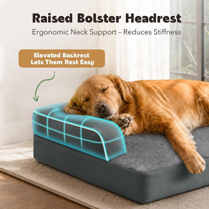 Orthopedic Washable Dog Bed with Bolster for Medium to Large Dogs | Pillow Support for Neck Relief, Egg Crate Foam, Waterproof Liner, Anti-Slip Bottom, Removable Bolster Cover, 36 x 27 Inch