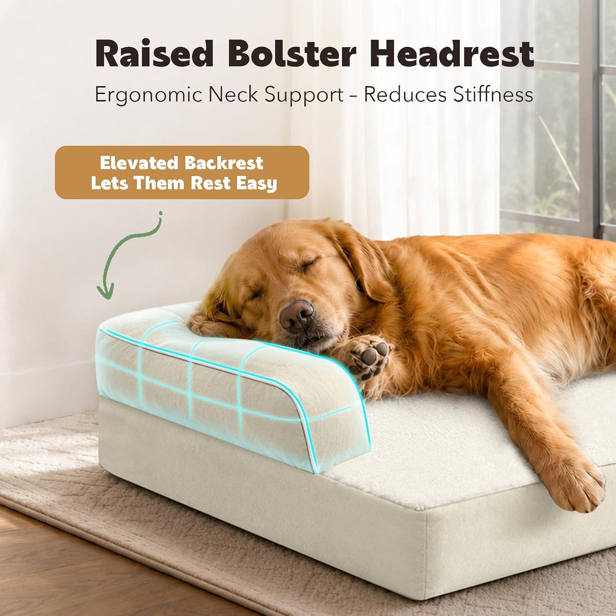 Orthopedic Washable Dog Bed with Bolster for Medium to Large Dogs | Pillow Support for Neck Relief, Egg Crate Foam, Waterproof Liner, Anti-Slip Bottom, Removable Bolster Cover, 36 x 27 Inch