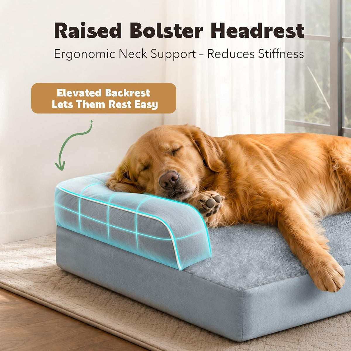 Orthopedic Washable Dog Bed with Bolster for Medium to Large Dogs | Pillow Support for Neck Relief, Egg Crate Foam, Waterproof Liner, Anti-Slip Bottom, Removable Bolster Cover, 36 x 27 Inch