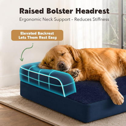 Orthopedic Washable Dog Bed with Bolster for Medium to Large Dogs | Pillow Support for Neck Relief, Egg Crate Foam, Waterproof Liner, Anti-Slip Bottom, Removable Bolster Cover, 36 x 27 Inch