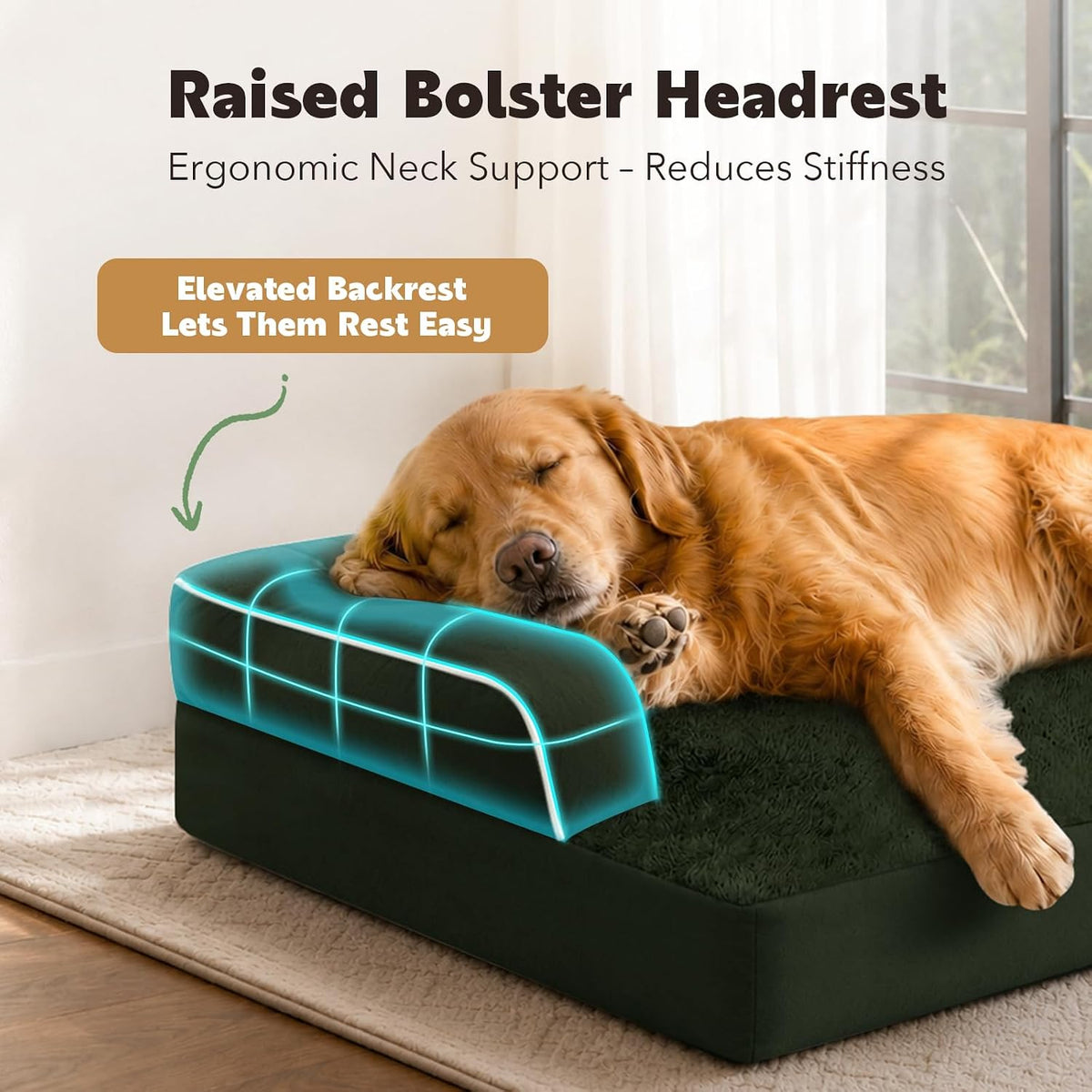 Orthopedic Washable Dog Bed with Bolster for Medium to Large Dogs | Pillow Support for Neck Relief, Egg Crate Foam, Waterproof Liner, Anti-Slip Bottom, Removable Bolster Cover, 36 x 27 Inch