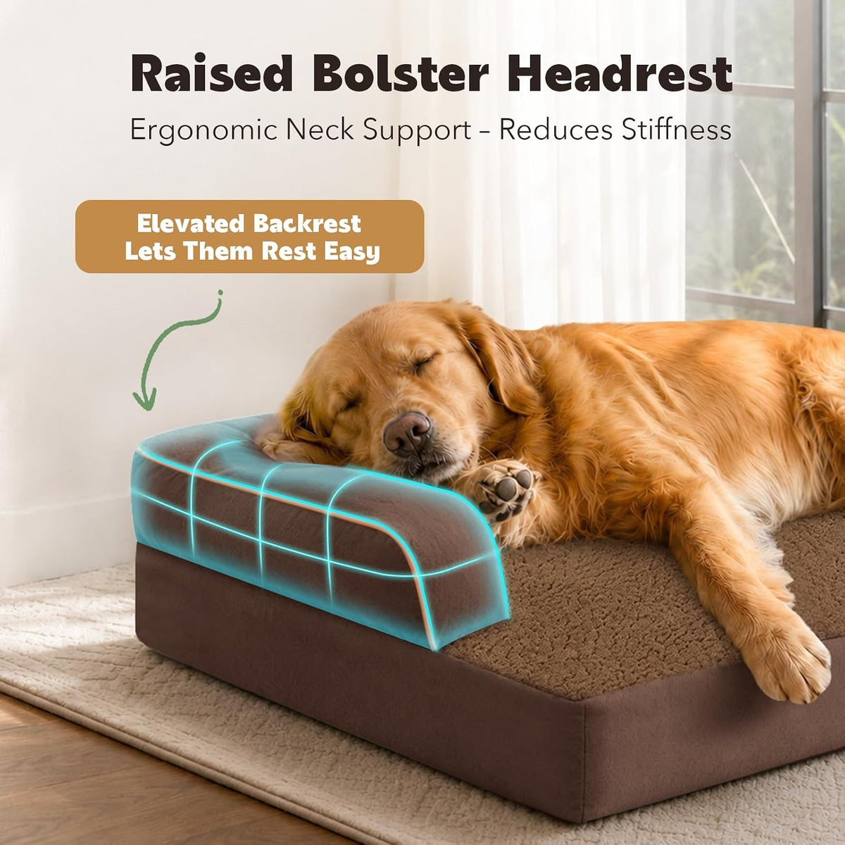 Orthopedic Washable Dog Bed with Bolster for Medium to Large Dogs | Pillow Support for Neck Relief, Egg Crate Foam, Waterproof Liner, Anti-Slip Bottom, Removable Bolster Cover, 36 x 27 Inch