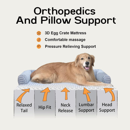 Orthopedic Washable Dog Bed with Bolster for Medium to Large Dogs | Pillow Support for Neck Relief, Egg Crate Foam, Waterproof Liner, Anti-Slip Bottom, Removable Bolster Cover, 36 x 27 Inch