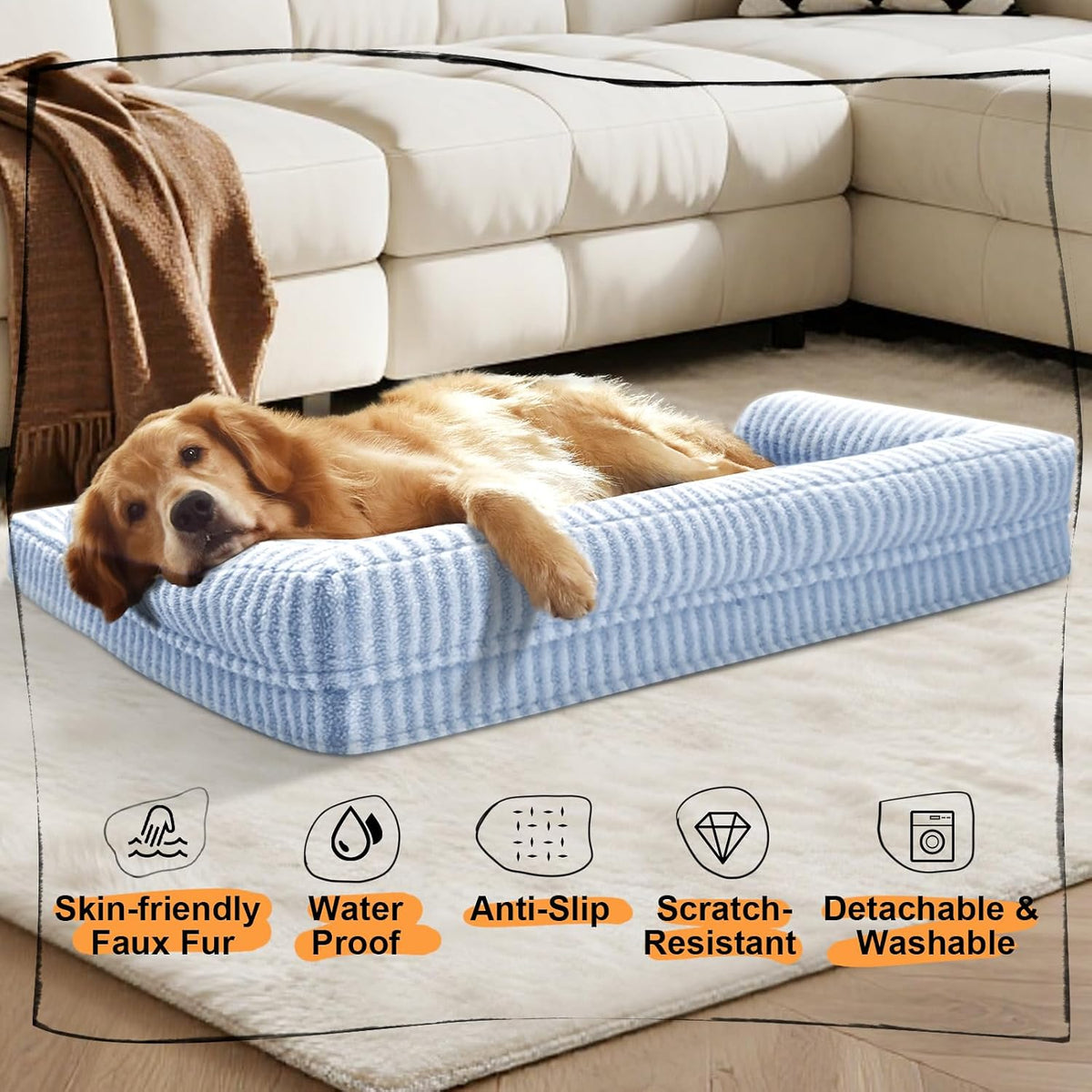 Orthopedic Washable Dog Bed with Bolster for Medium to Large Dogs | Pillow Support for Neck Relief, Egg Crate Foam, Waterproof Liner, Anti-Slip Bottom, Removable Bolster Cover, 36 x 27 Inch