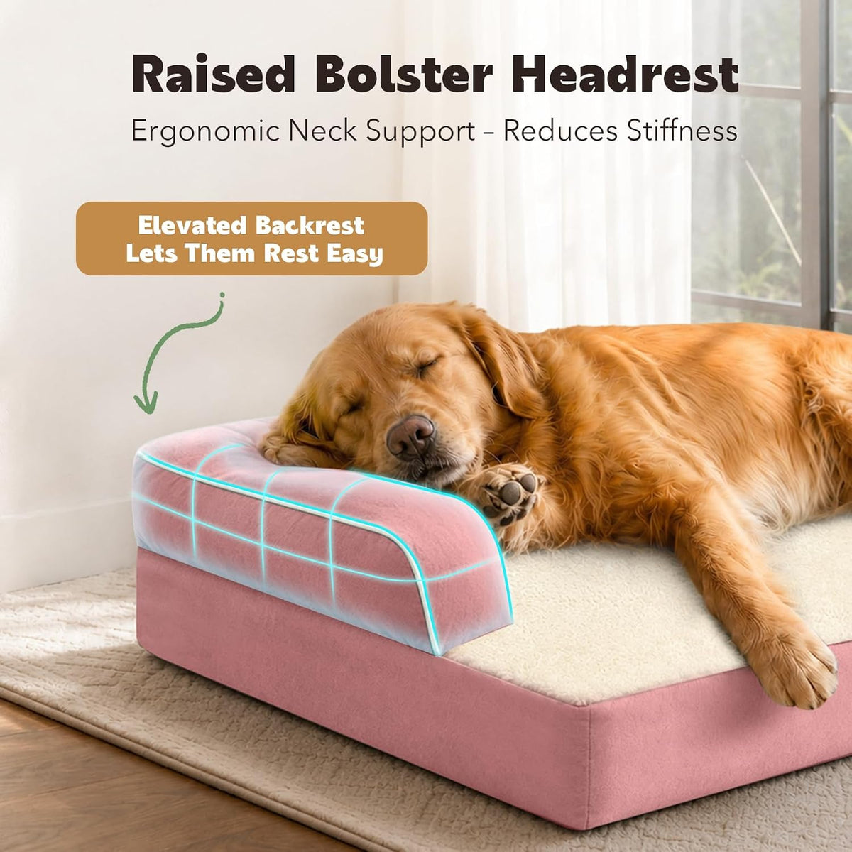 Orthopedic Washable Dog Bed with Bolster for Medium to Large Dogs | Pillow Support for Neck Relief, Egg Crate Foam, Waterproof Liner, Anti-Slip Bottom, Removable Bolster Cover, 36 x 27 Inch