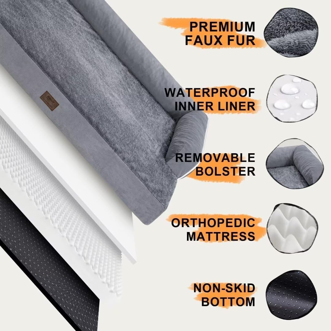 Orthopedic Washable Dog Bed with Bolster for Medium to Large Dogs | Pillow Support for Neck Relief, Egg Crate Foam, Waterproof Liner, Anti-Slip Bottom, Removable Bolster Cover, 36 x 27 Inch