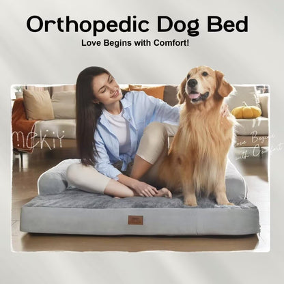 Orthopedic Washable Dog Bed with Bolster for Medium to Large Dogs | Pillow Support for Neck Relief, Egg Crate Foam, Waterproof Liner, Anti-Slip Bottom, Removable Bolster Cover, 36 x 27 Inch