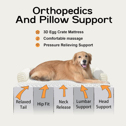 Orthopedic Washable Dog Bed with Bolster for Medium to Large Dogs | Pillow Support for Neck Relief, Egg Crate Foam, Waterproof Liner, Anti-Slip Bottom, Removable Bolster Cover, 36 x 27 Inch
