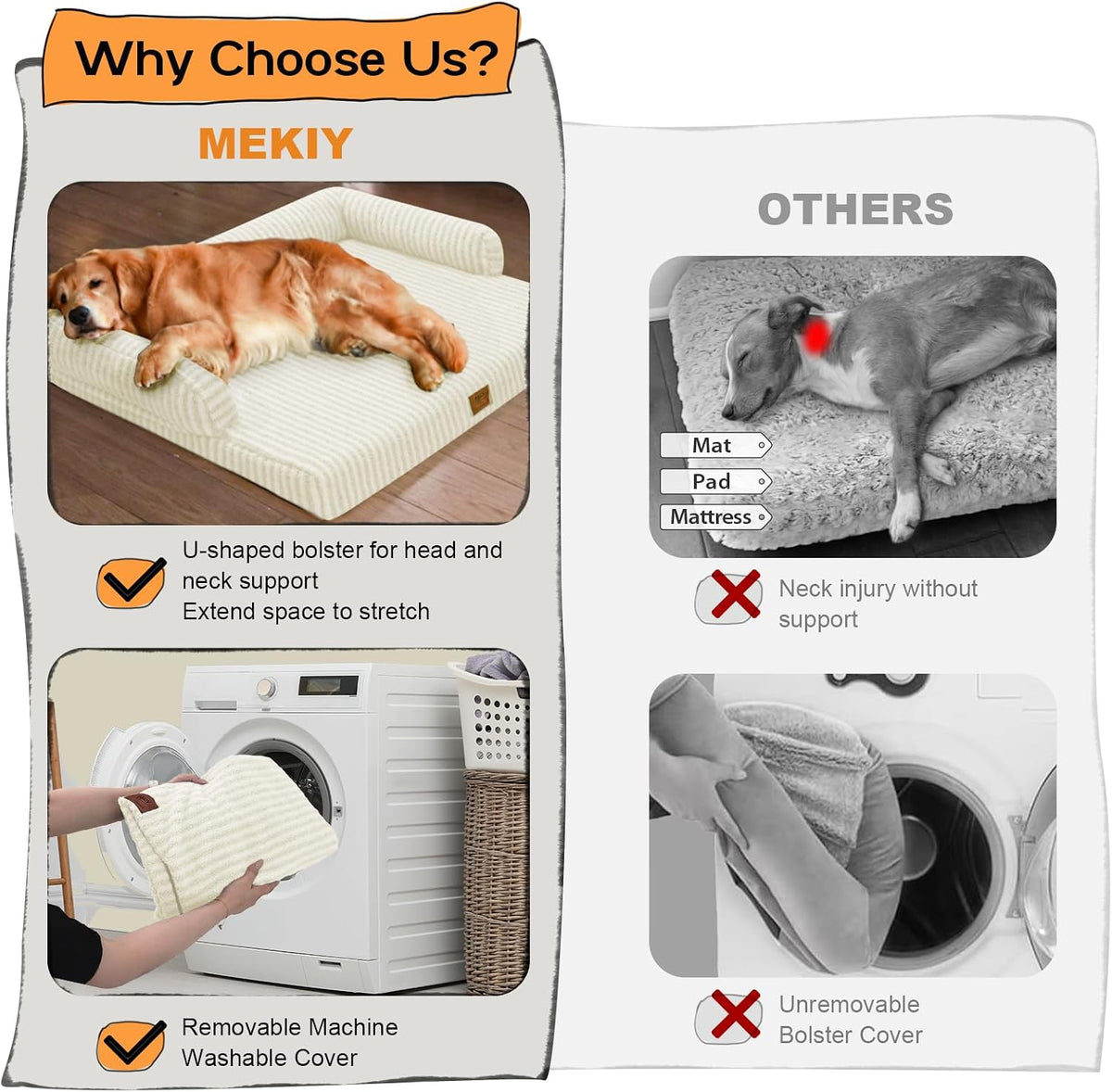 Orthopedic Washable Dog Bed with Bolster for Medium to Large Dogs | Pillow Support for Neck Relief, Egg Crate Foam, Waterproof Liner, Anti-Slip Bottom, Removable Bolster Cover, 36 x 27 Inch