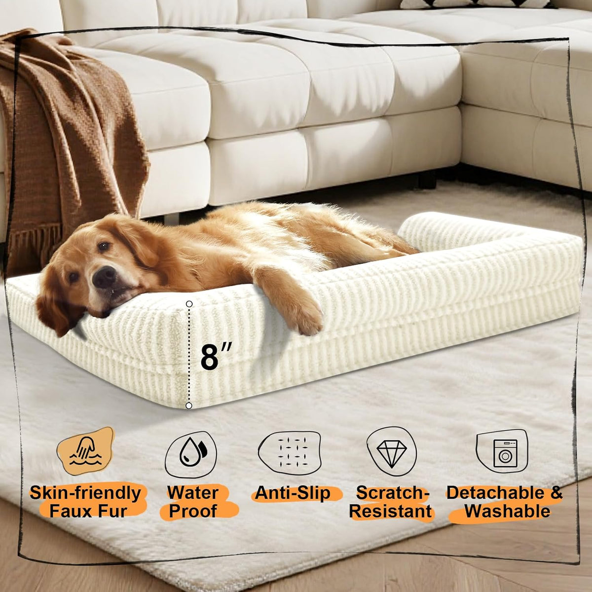 Orthopedic Washable Dog Bed with Bolster for Medium to Large Dogs | Pillow Support for Neck Relief, Egg Crate Foam, Waterproof Liner, Anti-Slip Bottom, Removable Bolster Cover, 36 x 27 Inch