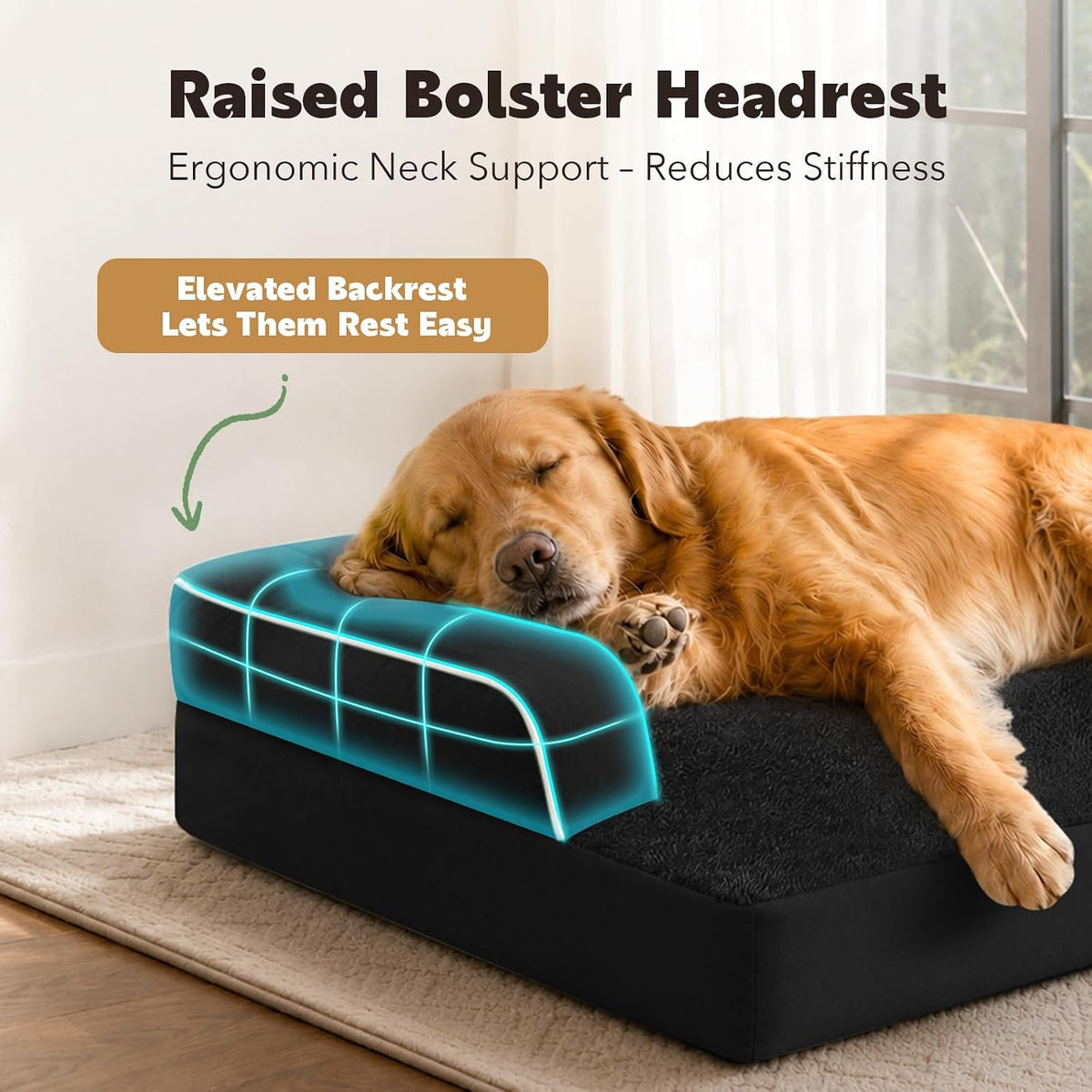 Orthopedic Washable Dog Bed with Bolster for Medium to Large Dogs | Pillow Support for Neck Relief, Egg Crate Foam, Waterproof Liner, Anti-Slip Bottom, Removable Bolster Cover, 36 x 27 Inch