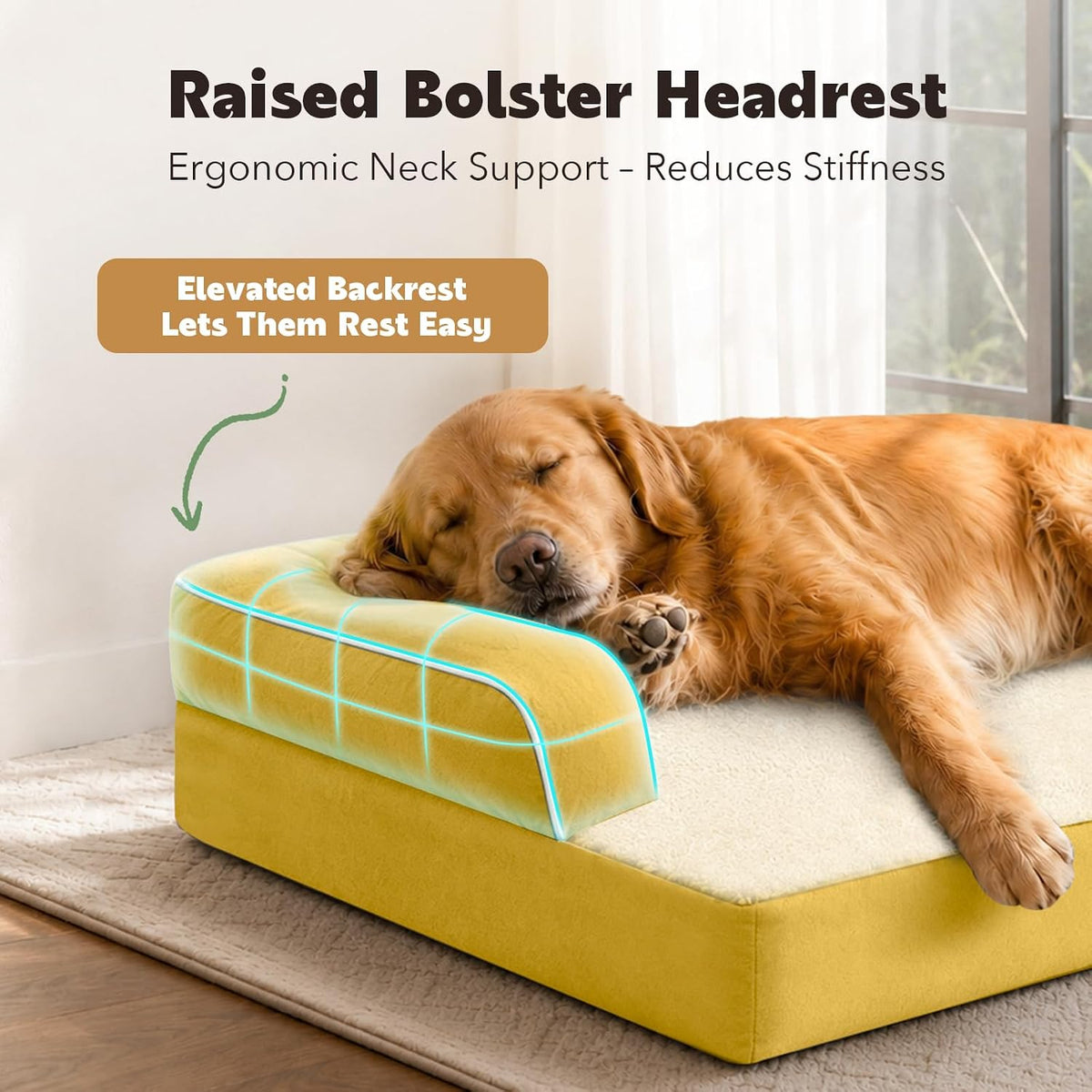 Orthopedic Washable Dog Bed with Bolster for Medium to Large Dogs | Pillow Support for Neck Relief, Egg Crate Foam, Waterproof Liner, Anti-Slip Bottom, Removable Bolster Cover, 36 x 27 Inch
