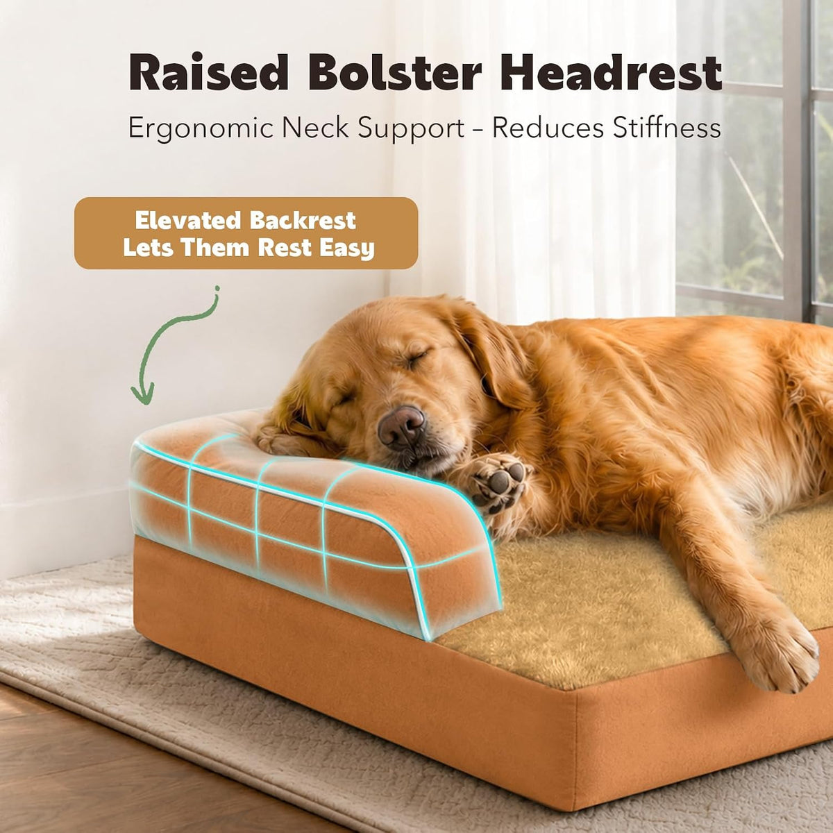 Orthopedic Washable Dog Bed with Bolster for Medium to Large Dogs | Pillow Support for Neck Relief, Egg Crate Foam, Waterproof Liner, Anti-Slip Bottom, Removable Bolster Cover, 36 x 27 Inch