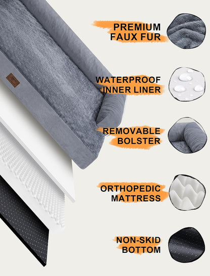 Orthopedic Washable Dog Bed with Bolster for Medium to Large Dogs | Pillow Support for Neck Relief, Egg Crate Foam, Waterproof Liner, Anti-Slip Bottom, Removable Bolster Cover, 36 x 27 Inch
