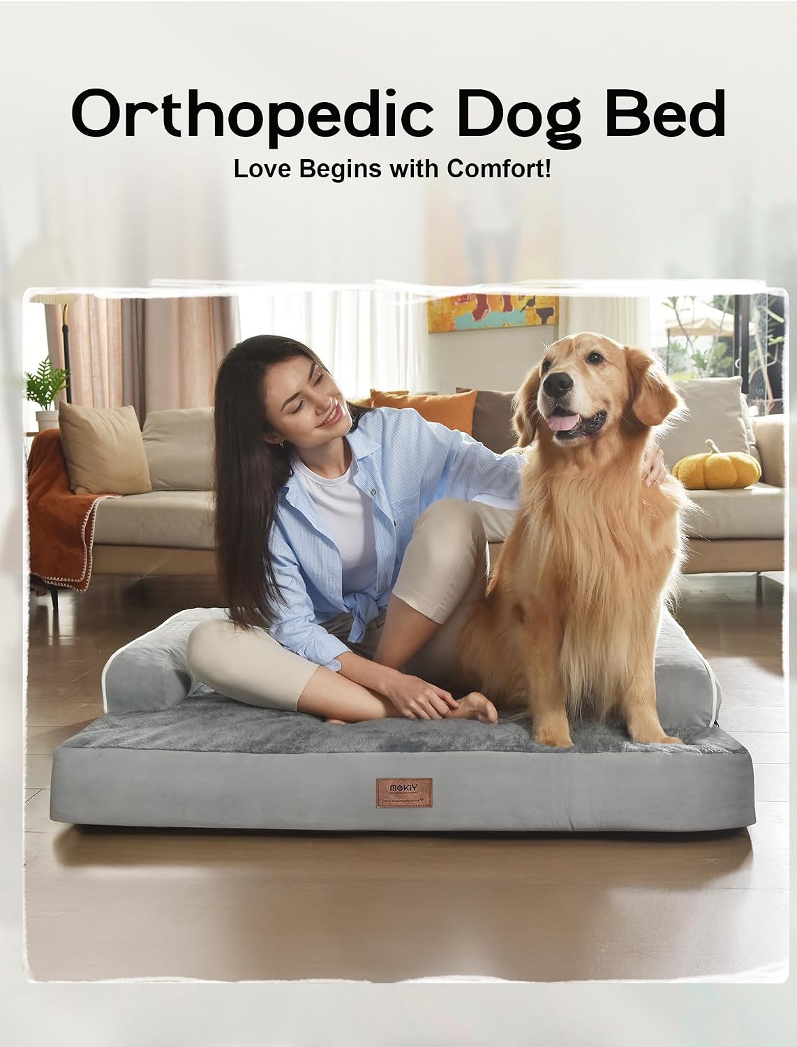 Orthopedic Washable Dog Bed with Bolster for Medium to Large Dogs | Pillow Support for Neck Relief, Egg Crate Foam, Waterproof Liner, Anti-Slip Bottom, Removable Bolster Cover, 36 x 27 Inch