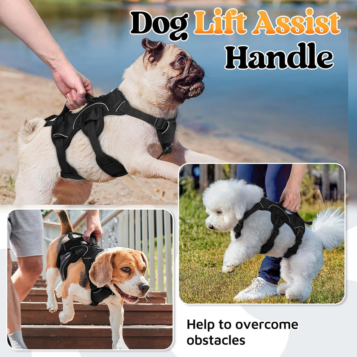 Escape Proof Dog Harness for Large, No Pull with Lift Handle | No Escape, Full Soft Padded, Reflective Adjustable Vest, Leash Clip for Walking Hiking Training, Black, Large