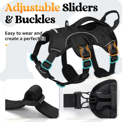 Escape Proof Dog Harness for Large, No Pull with Lift Handle | No Escape, Full Soft Padded, Reflective Adjustable Vest, Leash Clip for Walking Hiking Training, Black, Large