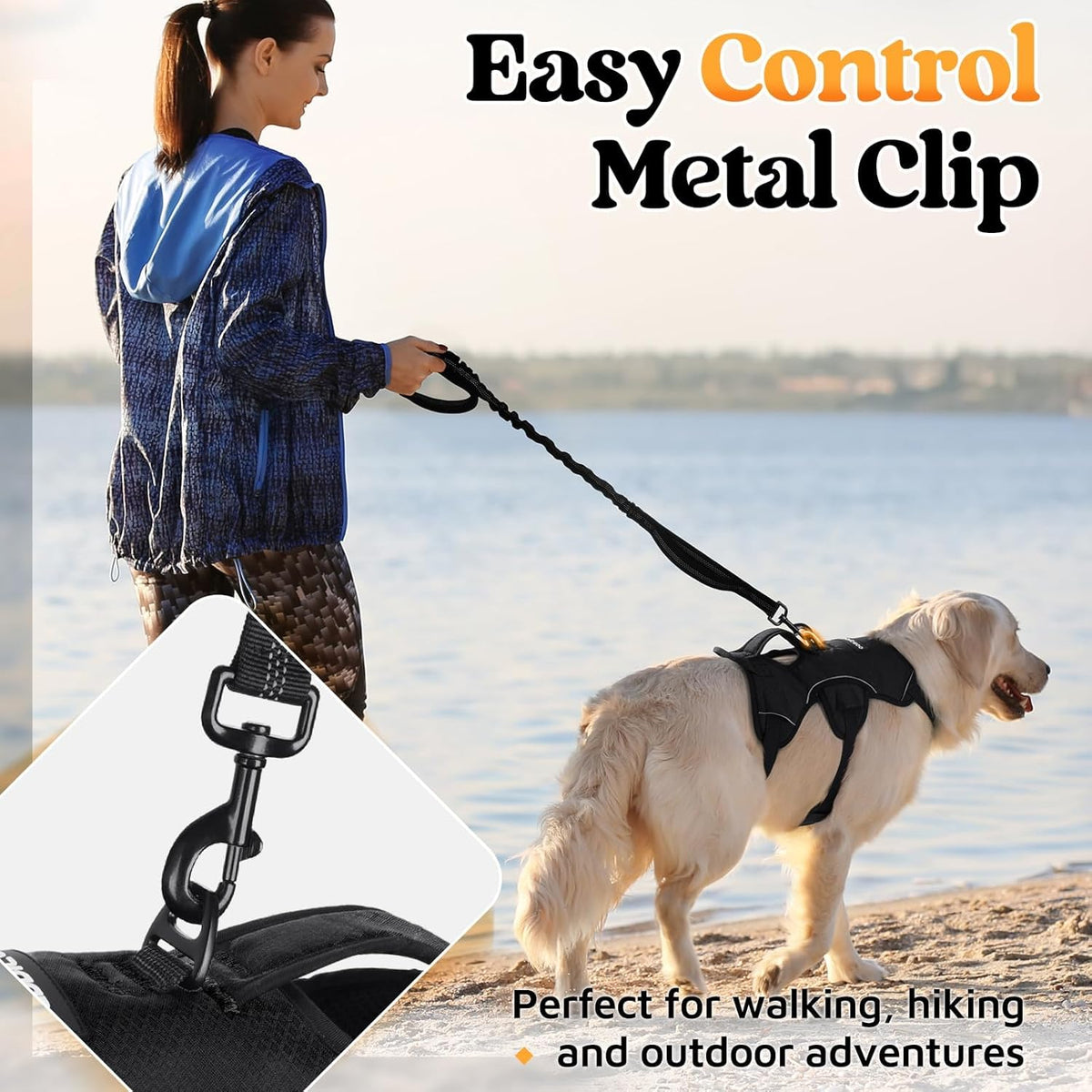 Escape Proof Dog Harness for Large, No Pull with Lift Handle | No Escape, Full Soft Padded, Reflective Adjustable Vest, Leash Clip for Walking Hiking Training, Black, Large