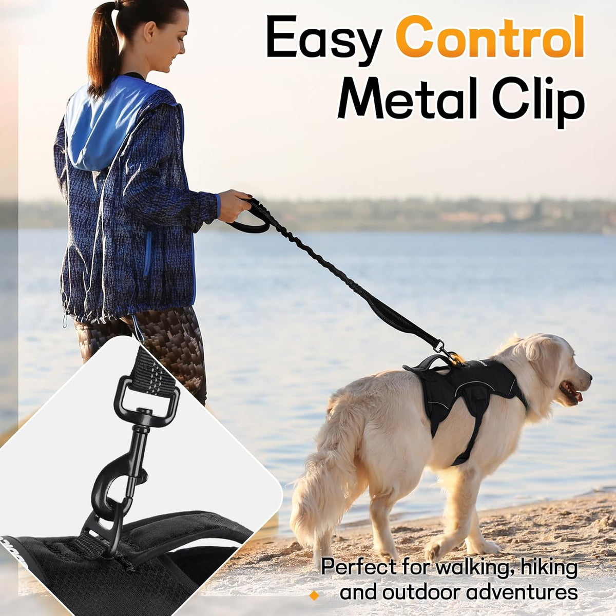 Escape Proof Dog Harness for Large, No Pull with Lift Handle | No Escape, Full Soft Padded, Reflective Adjustable Vest, Leash Clip for Walking Hiking Training, Black, Large