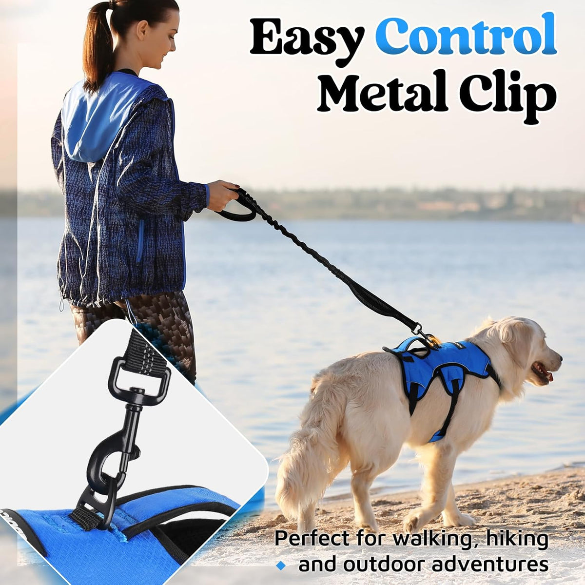 Escape Proof Dog Harness for Large, No Pull with Lift Handle | No Escape, Full Soft Padded, Reflective Adjustable Vest, Leash Clip for Walking Hiking Training, Black, Large