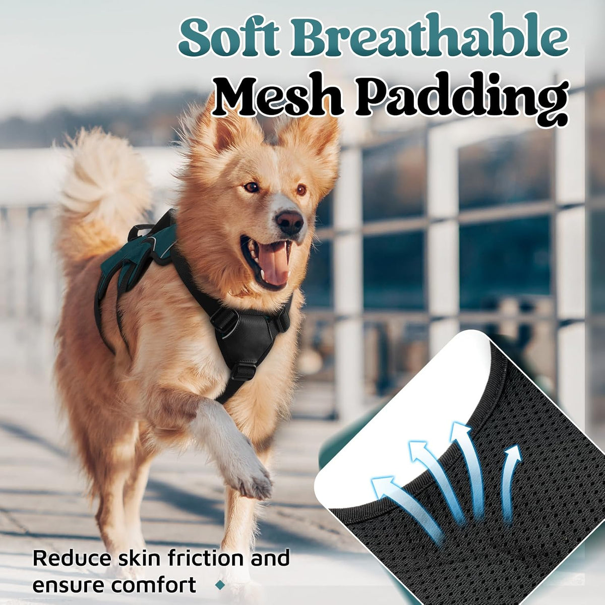 Escape Proof Dog Harness for Large, No Pull with Lift Handle | No Escape, Full Soft Padded, Reflective Adjustable Vest, Leash Clip for Walking Hiking Training, Black, Large