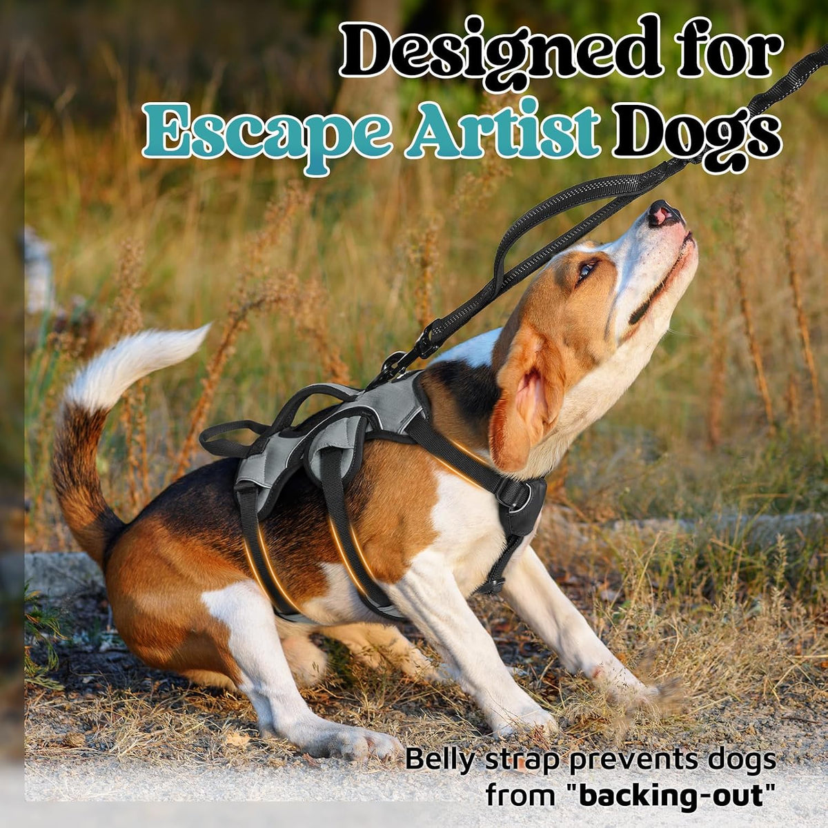 Escape Proof Dog Harness for Large, No Pull with Lift Handle | No Escape, Full Soft Padded, Reflective Adjustable Vest, Leash Clip for Walking Hiking Training, Black, Large