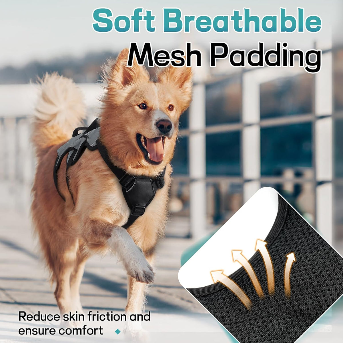 Escape Proof Dog Harness for Large, No Pull with Lift Handle | No Escape, Full Soft Padded, Reflective Adjustable Vest, Leash Clip for Walking Hiking Training, Black, Large