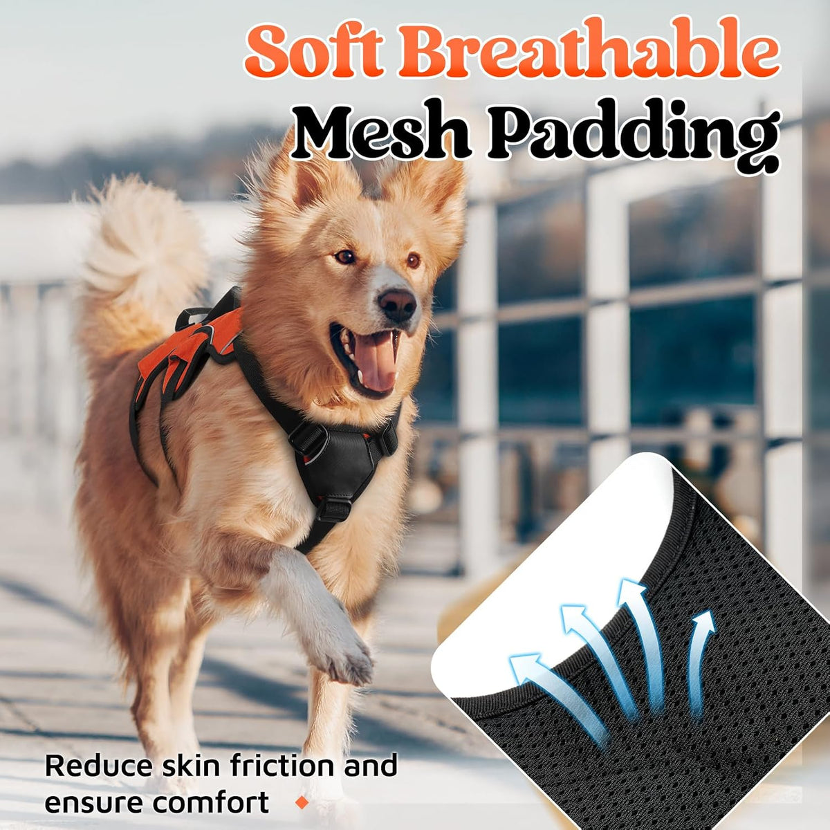 Escape Proof Dog Harness for Large, No Pull with Lift Handle | No Escape, Full Soft Padded, Reflective Adjustable Vest, Leash Clip for Walking Hiking Training, Black, Large