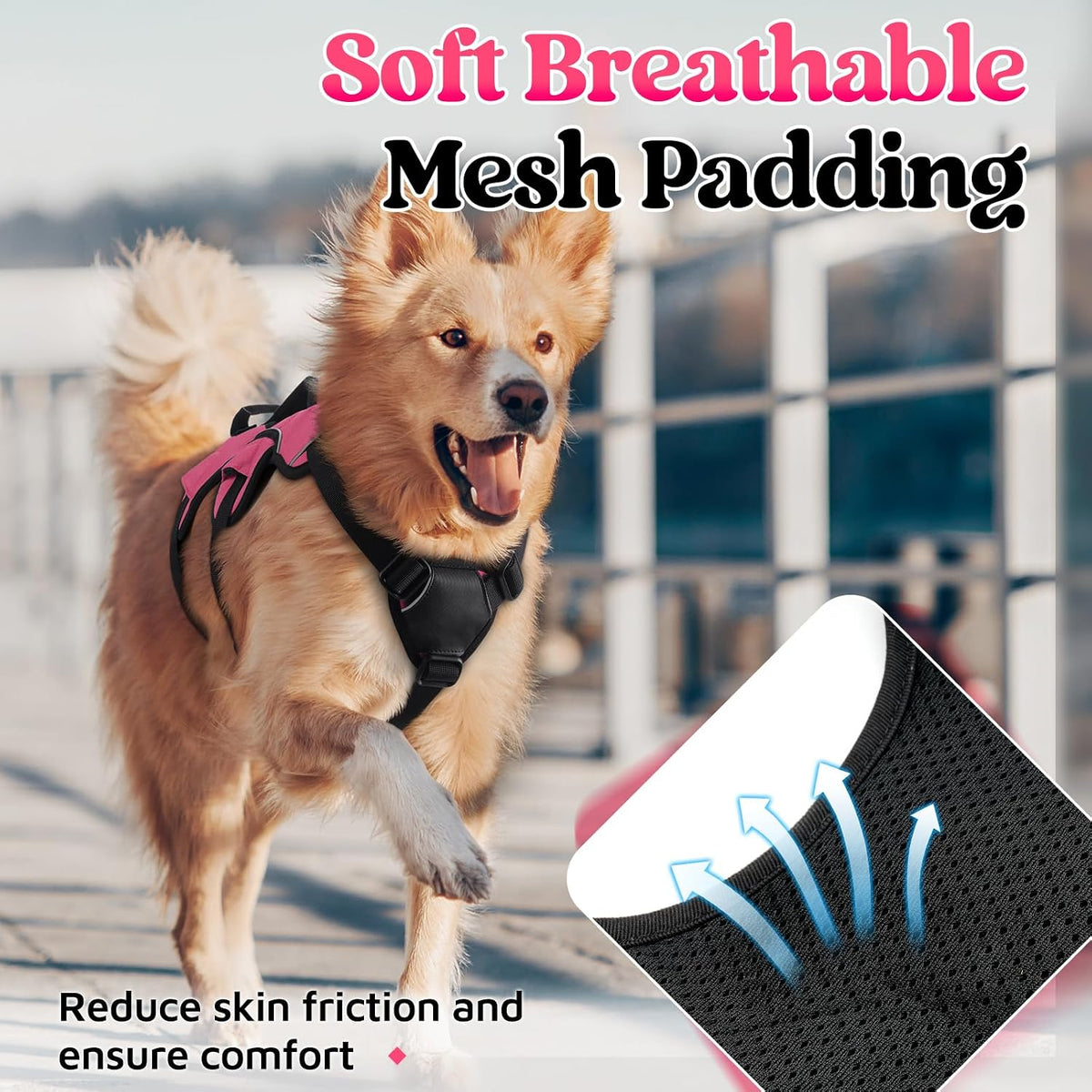 Escape Proof Dog Harness for Large, No Pull with Lift Handle | No Escape, Full Soft Padded, Reflective Adjustable Vest, Leash Clip for Walking Hiking Training, Black, Large