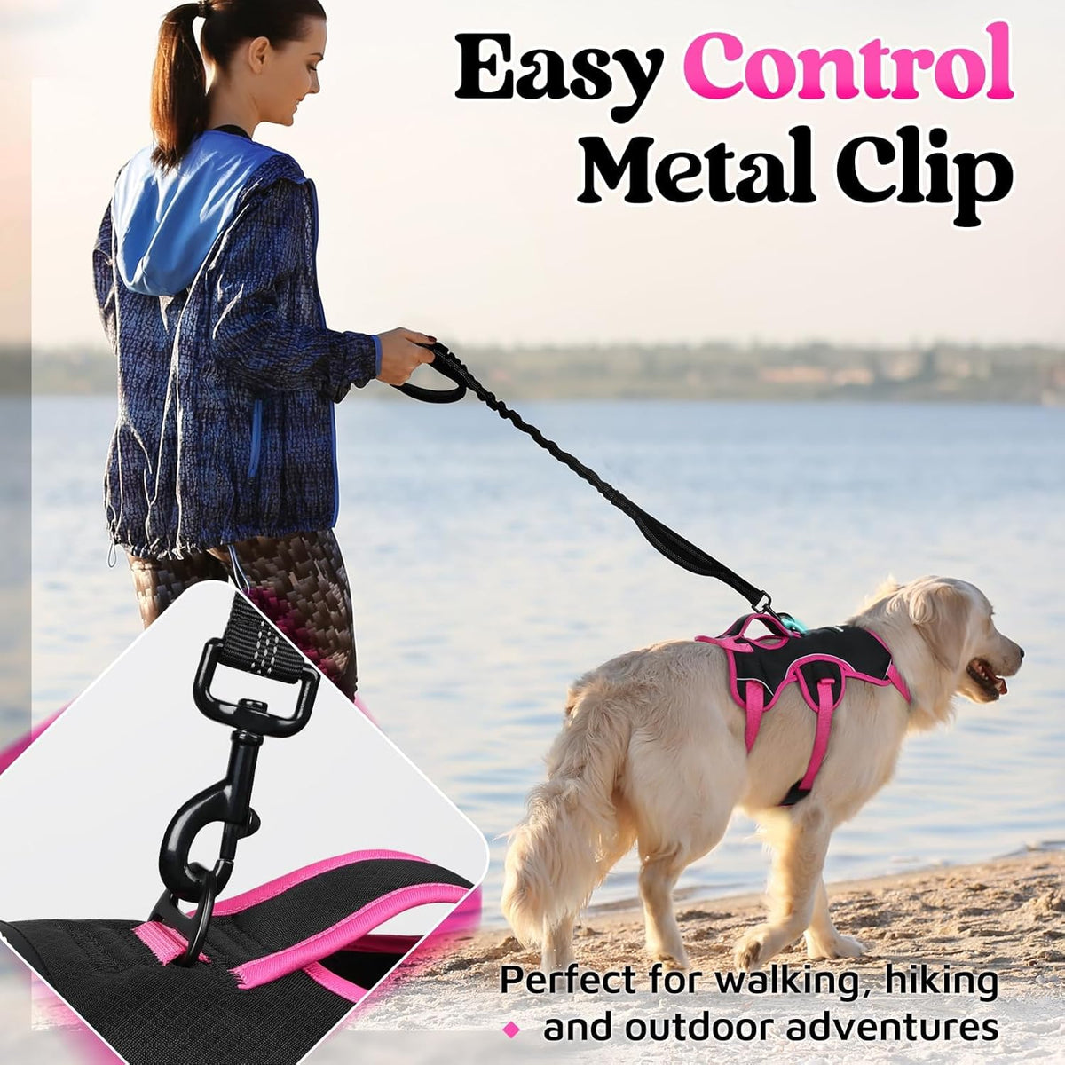 Escape Proof Dog Harness for Large, No Pull with Lift Handle | No Escape, Full Soft Padded, Reflective Adjustable Vest, Leash Clip for Walking Hiking Training, Black, Large