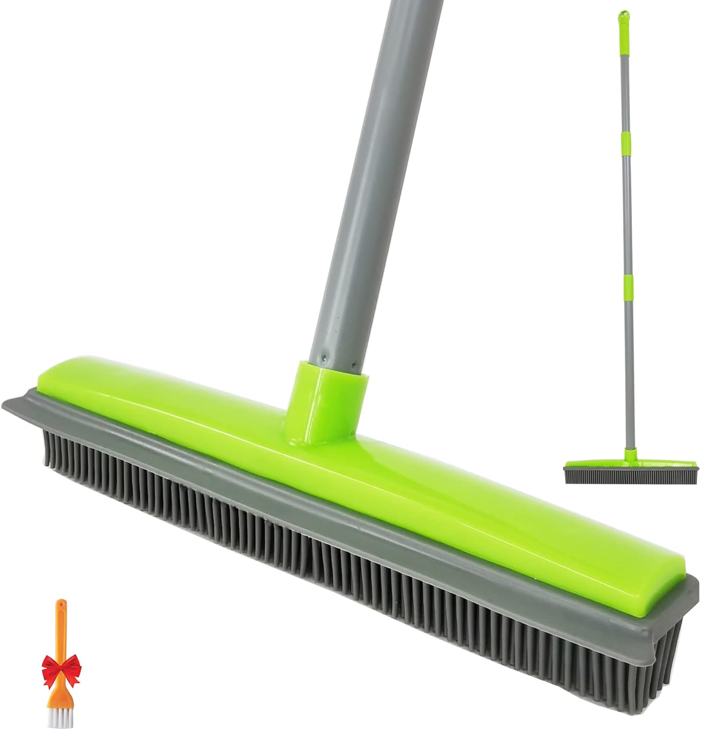 Push Broom,Pet Hair Removal Broom with Squeegee,Soft Silicone Bristle Broom with Long Handle,Non Scratch Carpet Sweeper Brush for Cat Dog Hair Hardwood(Orange) Extra Long for Tall People