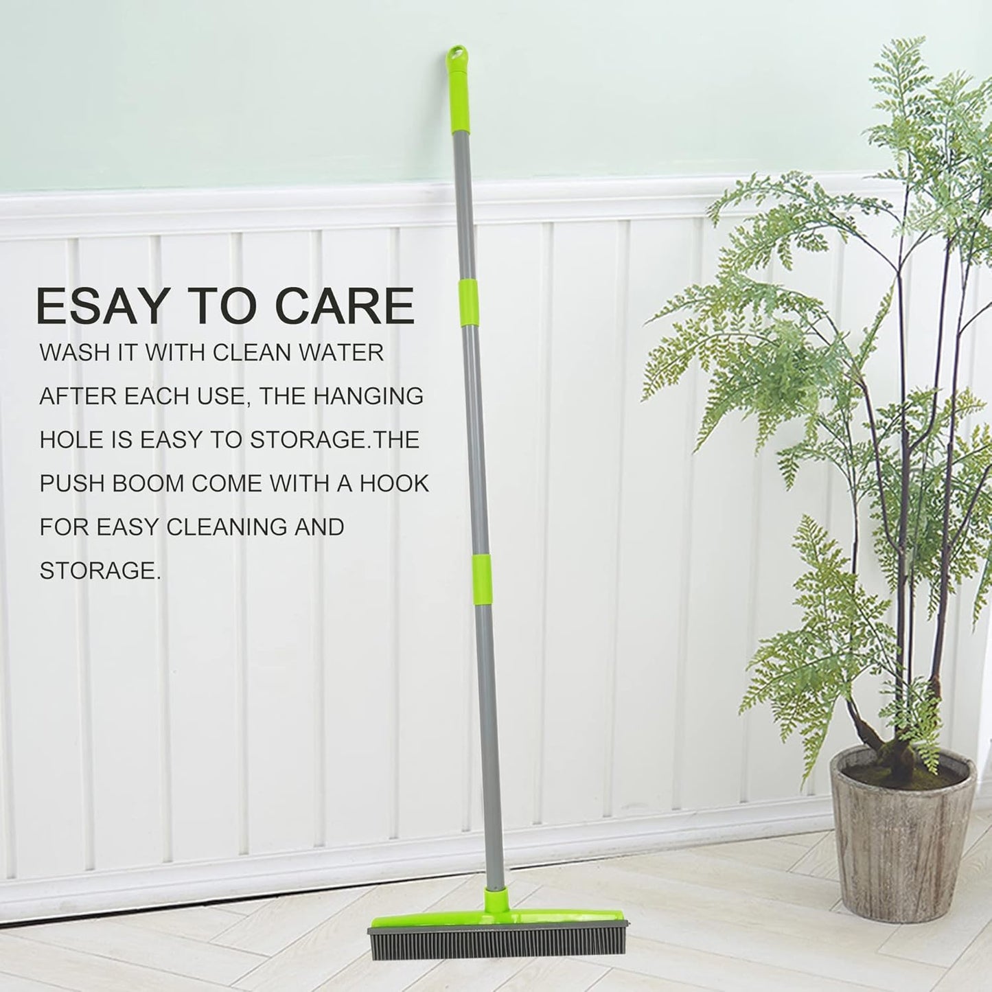 Push Broom,Pet Hair Removal Broom with Squeegee,Soft Silicone Bristle Broom with Long Handle,Non Scratch Carpet Sweeper Brush for Cat Dog Hair Hardwood(Orange) Extra Long for Tall People