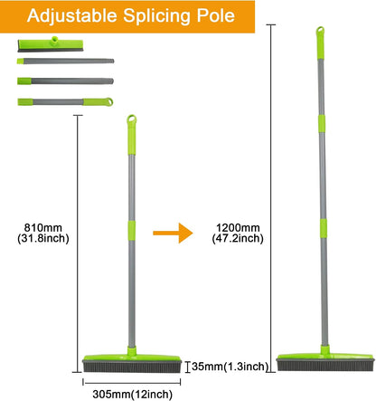 Push Broom,Pet Hair Removal Broom with Squeegee,Soft Silicone Bristle Broom with Long Handle,Non Scratch Carpet Sweeper Brush for Cat Dog Hair Hardwood(Orange) Extra Long for Tall People