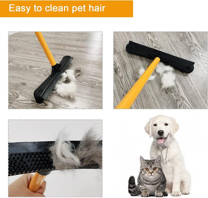 Push Broom,Pet Hair Removal Broom with Squeegee,Soft Silicone Bristle Broom with Long Handle,Non Scratch Carpet Sweeper Brush for Cat Dog Hair Hardwood(Orange) Extra Long for Tall People