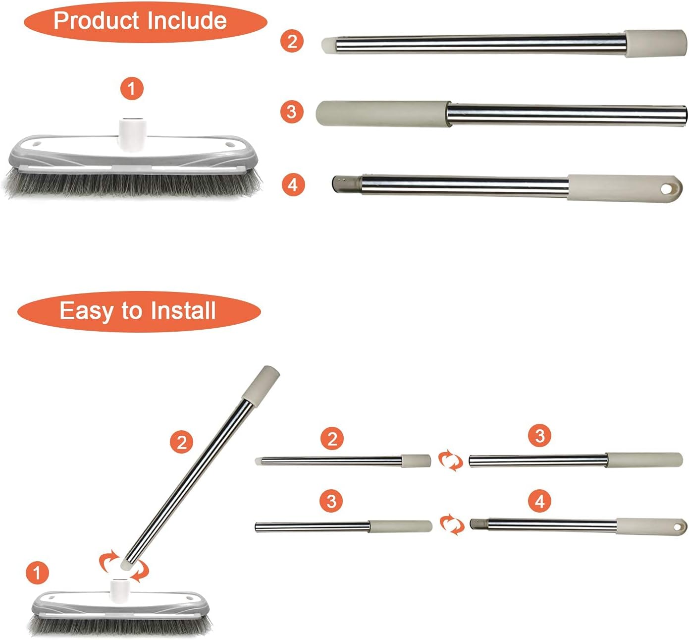 Push Broom,Pet Hair Removal Broom with Squeegee,Soft Silicone Bristle Broom with Long Handle,Non Scratch Carpet Sweeper Brush for Cat Dog Hair Hardwood(Orange) Extra Long for Tall People