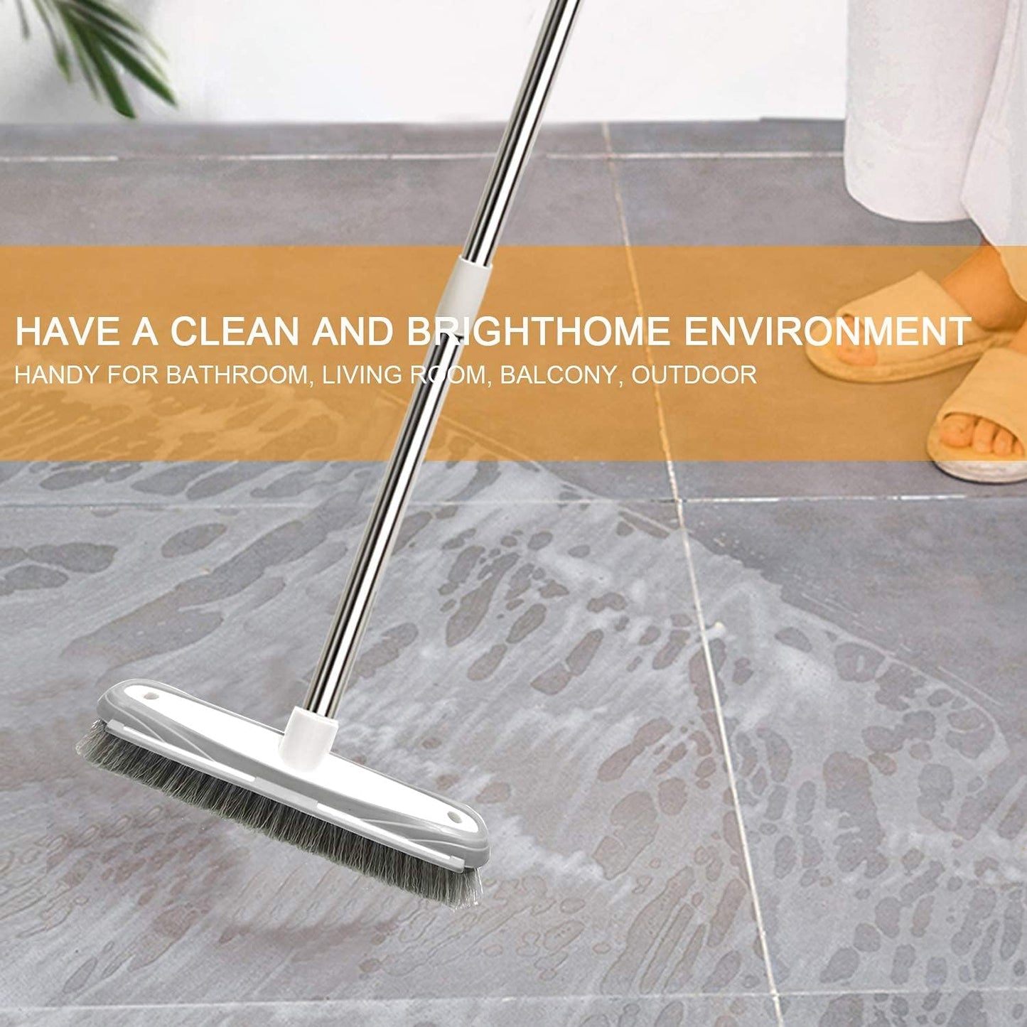 Push Broom,Pet Hair Removal Broom with Squeegee,Soft Silicone Bristle Broom with Long Handle,Non Scratch Carpet Sweeper Brush for Cat Dog Hair Hardwood(Orange) Extra Long for Tall People