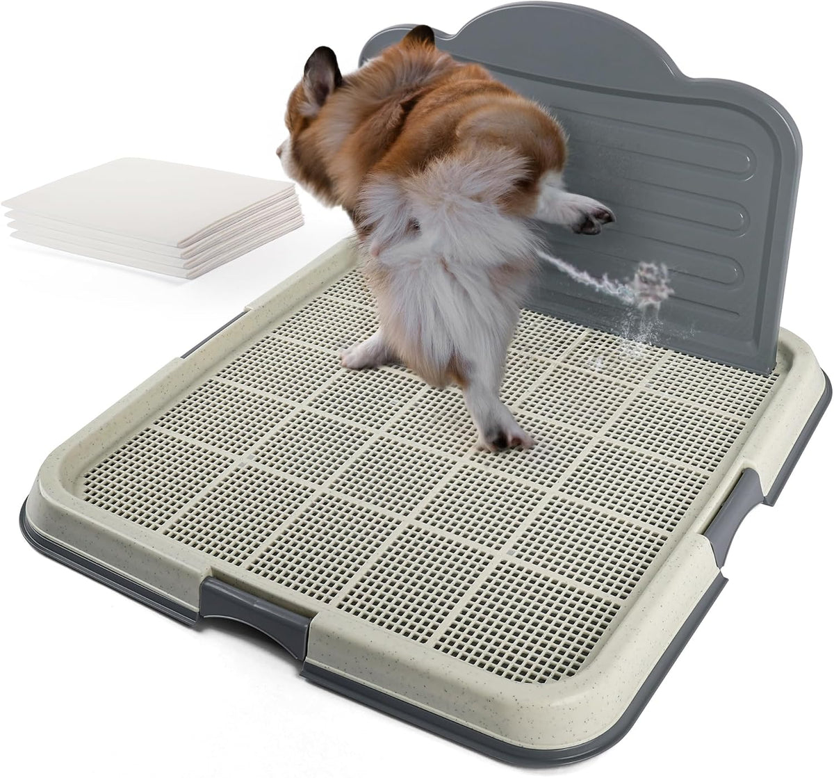Dog Pee Pad Holder, 23.6"x23.6" Indoor Dog Potty Tray with High Wall Splash Guard for Male Dogs, Mesh Puppy Pad Holder with 4 Pee Pads for Medium Large Dogs, Grey