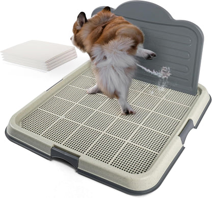 Dog Pee Pad Holder, 23.6"x23.6" Indoor Dog Potty Tray with High Wall Splash Guard for Male Dogs, Mesh Puppy Pad Holder with 4 Pee Pads for Medium Large Dogs, Grey