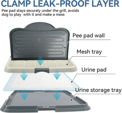 Dog Pee Pad Holder, 23.6"x23.6" Indoor Dog Potty Tray with High Wall Splash Guard for Male Dogs, Mesh Puppy Pad Holder with 4 Pee Pads for Medium Large Dogs, Grey