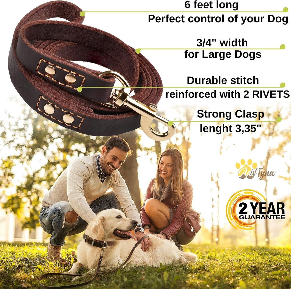 Leather Dog Leash for Large, Medium, and Small Dogs, 6ft x 3/4"
