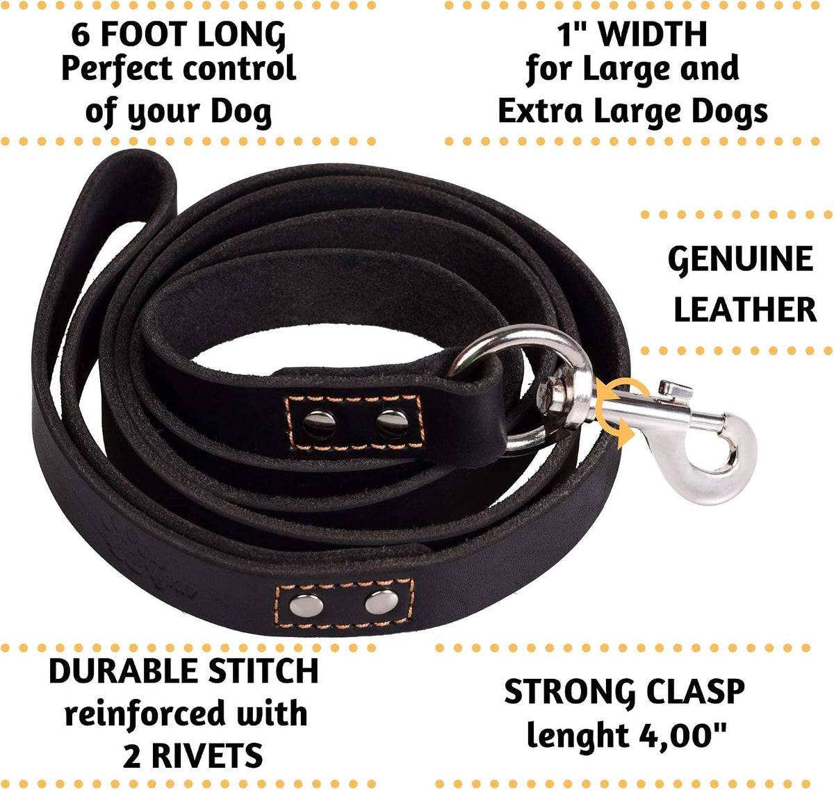 Leather Dog Leash for Large, Medium, and Small Dogs, 6ft x 3/4"