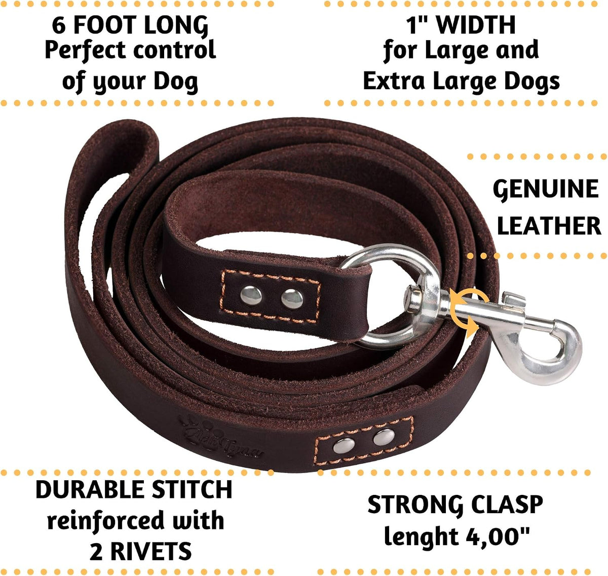 Leather Dog Leash for Large, Medium, and Small Dogs, 6ft x 3/4"