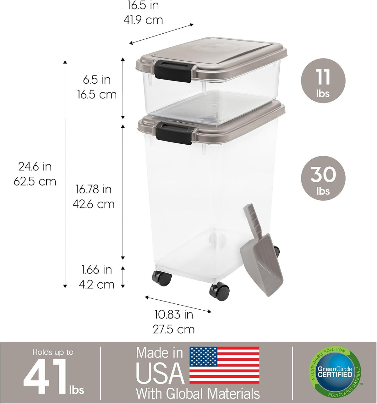 30 lb + 11 lb Airtight Pet Food Storage Containers with Wheels