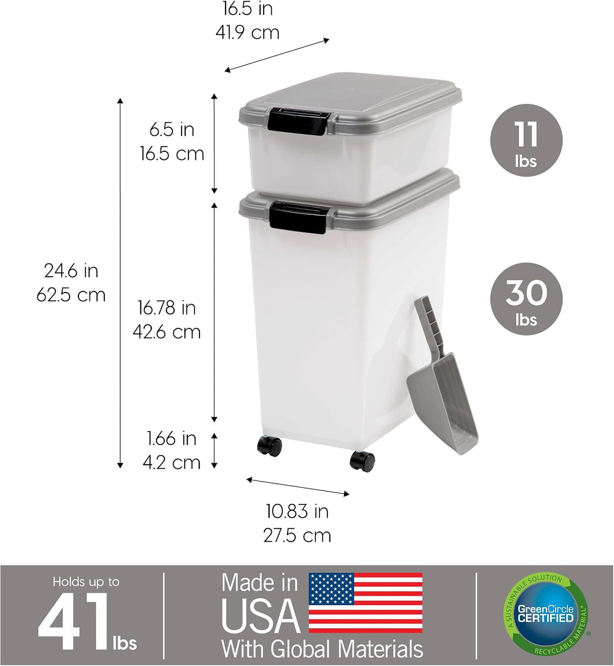 30 lb + 11 lb Airtight Pet Food Storage Containers with Wheels